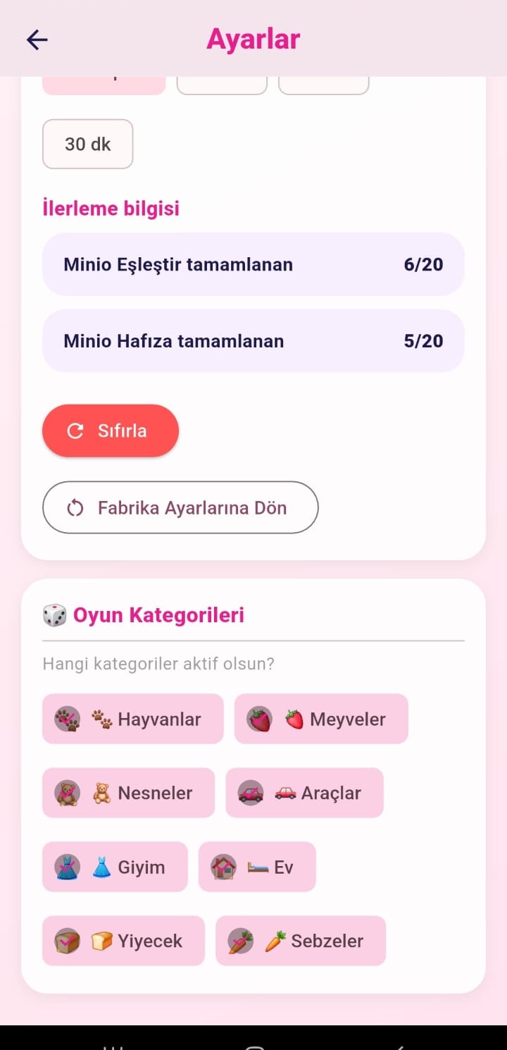 Oyun kategorileri ayar ekranı