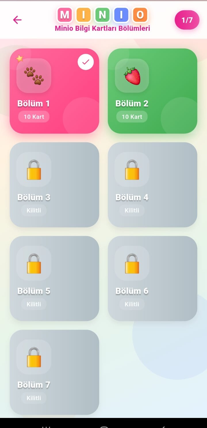 Bilgi kartları bölümler ekranı