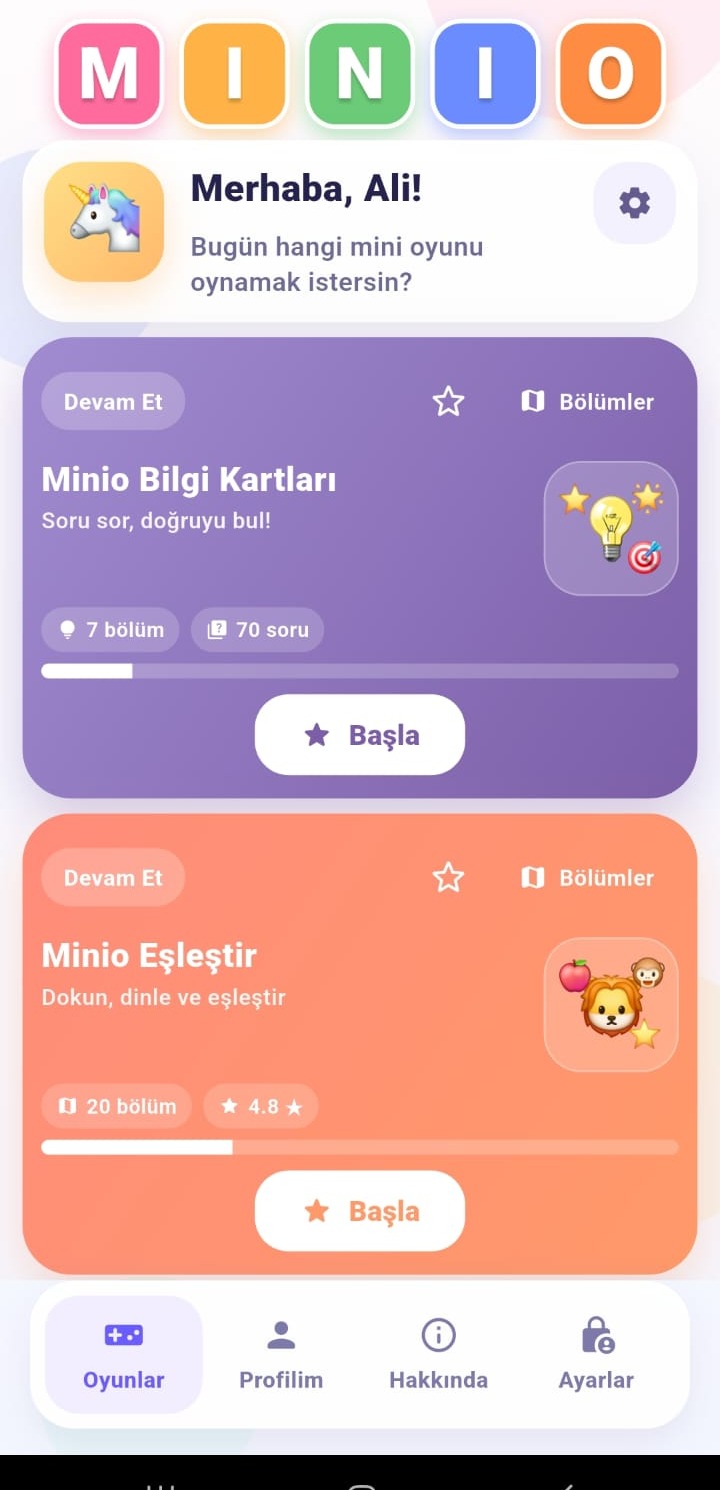 MINIO oyunlar ekranı